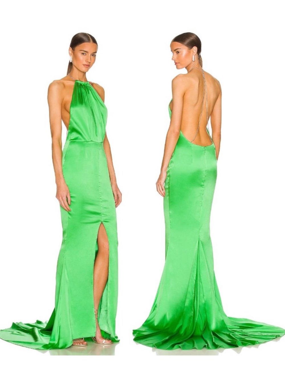 Retrofete Margot Dress in Green Maxi Gown Backless Halter